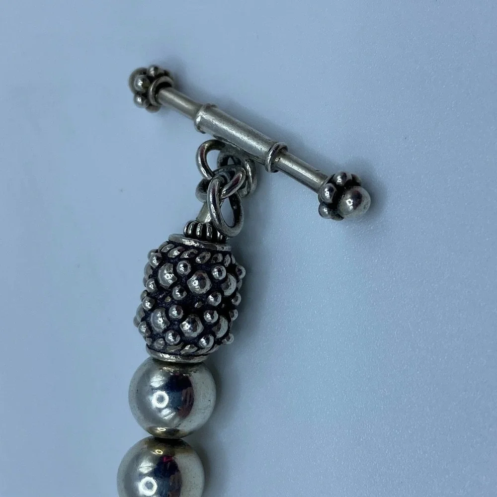 Minimalist Chic Silver Beaded Bracelet Toggle Clasp Bali Style Textured - 7.25